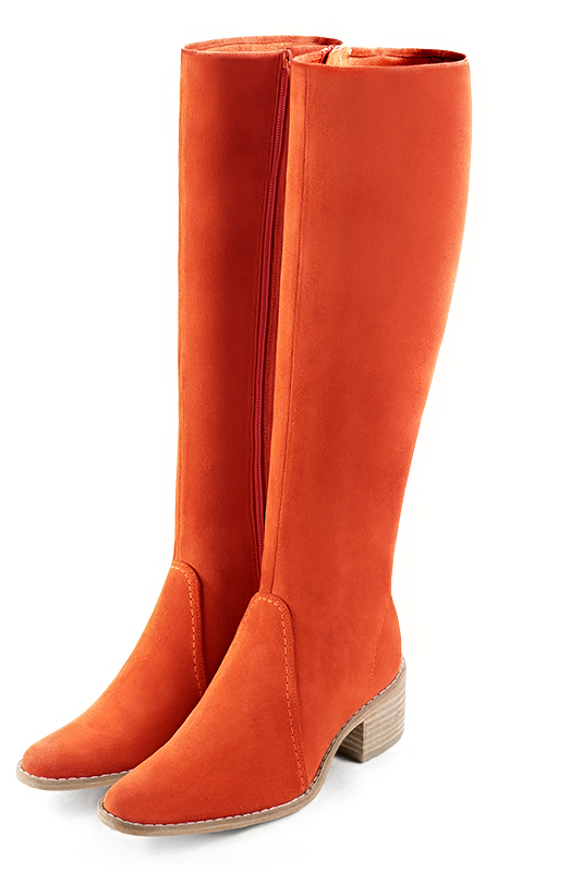 Clementine orange women's riding knee-high boots. Round toe. Low leather soles. Made to measure. Front view - Florence KOOIJMAN